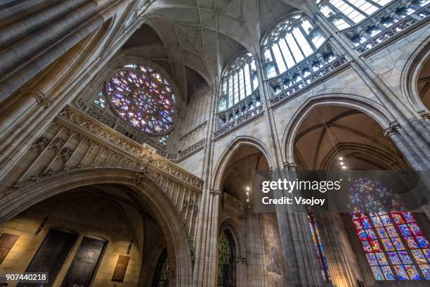 panoromaic interior at st. vitus cathedral, prague castle, czech republic - stained glass czech republic stock pictures, royalty-free photos & images