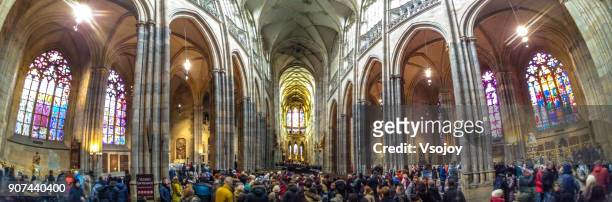 st. vitus cathedral interior in panoramic view,  prague castle, czech republic - stained glass czech republic stock pictures, royalty-free photos & images