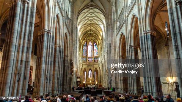 stunning view interior at st. vitus cathedral ,  prague castle, czech republic - stained glass czech republic stock pictures, royalty-free photos & images