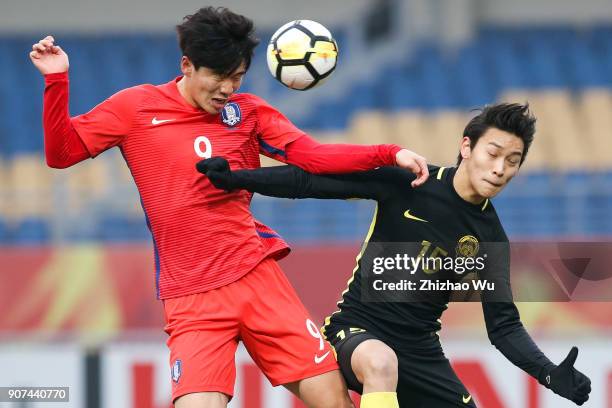 Lee Keun Ho of South Korea head shots during AFC U23 Championship Quarter-final between South Korea and Malaysia at Kunshan Sports Center on January...