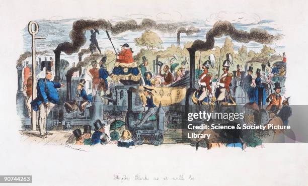 Hand-coloured pen lithograph caricature by John Leech satirising the widespread popularity and expansion of the railways. Steam locomotives are shown...