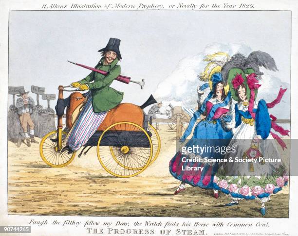 Coloured etching by Henry Thomas Alken, published by S & J Fuller of London, satirising steam-powered transport. It shows a dandified gentleman...
