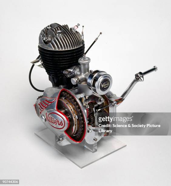Sectioned. Made by the Villiers Engineering Company Ltd, Wolverhampton. It is an example of a highly developed two-stroke motor cycle engine produced...