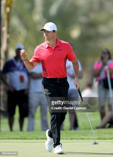 Rory McIlroy of Northern Ireland acknowledges the crowd on the par 4, first hole during the third round of the 2018 Abu Dhabi HSBC Golf Championship...