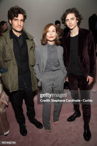 Actor Louis Garrel, actress Isabelle Huppert and actor Timothée Chalamet attend the Berluti Menswear Fall/Winter 2018-2019 show as part of Paris...