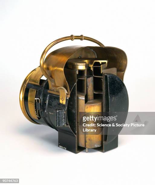 One of the original self-contained motor car headlamps made by Louis Bleriot in 1896 and containing the type of acetylene diving-bell generator...