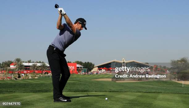 Thomas Pieters of Belgium plays his shot from the ninth tee during round three of the Abu Dhabi HSBC Golf Championship at Abu Dhabi Golf Club on...