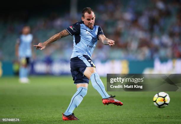 Luke Wilkshire of Sydney FC takes a shot on goal during the round 17 A-League match between Sydney FC and the Central Coast Mariners at Allianz...