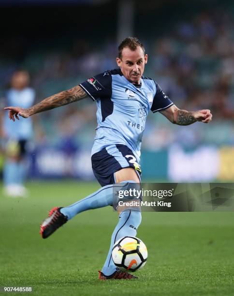 Luke Wilkshire of Sydney FC takes a shot on goal during the round 17 A-League match between Sydney FC and the Central Coast Mariners at Allianz...