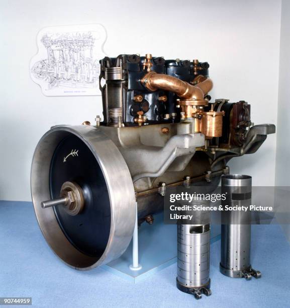 Hp sleeve valve engine, 96 mm bore x 130 mm stroke, with one cylinder sectioned. This petrol engine was patented by C Y Knight in 1905 and 1908, and...