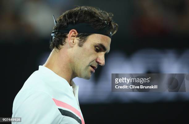 Roger Federer of Switzerland in his third round match against Richard Gasquet of France on day six of the 2018 Australian Open at Melbourne Park on...
