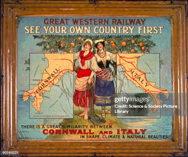 See Your Own Country First'. Two women dressed in the national costumes of Cornwall and Italy, with the maps of their countries by their sides and...