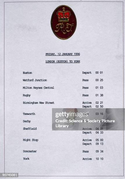 Timetable produced for the journey of the Prince of Wales, Princes William and Harry, the Earl Spencer and other members of the Spencer family from...