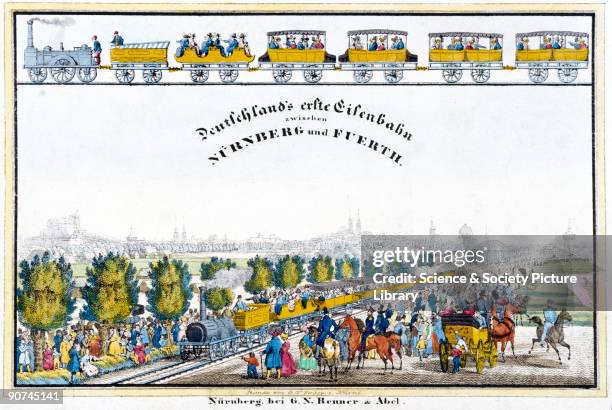 'Deutschland's erste Eisenbahn zwischen Nurnberg und Fuerth'. Coloured lithograph showing the opening ceremony of the Nuremburg-Fuerth Railway on 7...