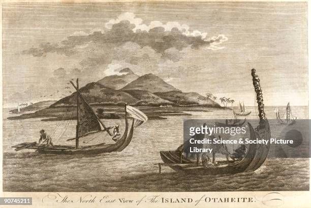 Tahitian boats and a north-east view of Otaheite during Captain Cook's second Pacific voyage. From 'Complete History of Captain Cook's First, Second...