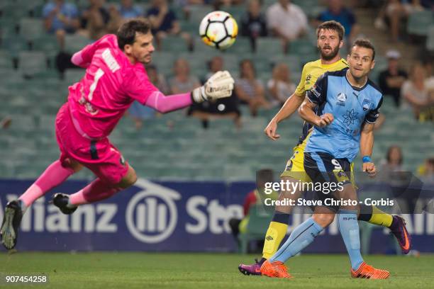 Bobo of Sydney FC heads the ball past Mariners keeper Ben Kennedy but is later called offside during the round 17 A-League match between Sydney FC...