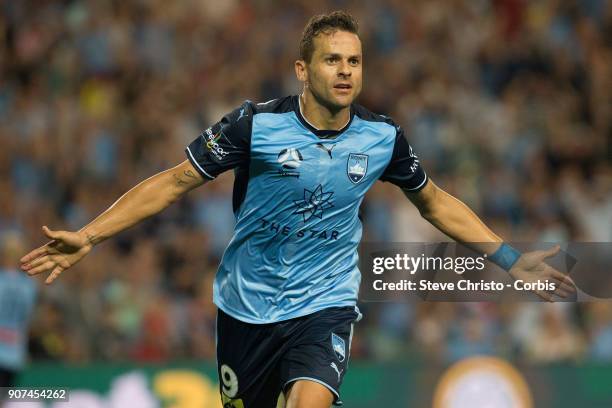 Bobo of Sydney FC celebrates scoring a goal during the round 17 A-League match between Sydney FC and the Central Coast Mariners at Allianz Stadium on...