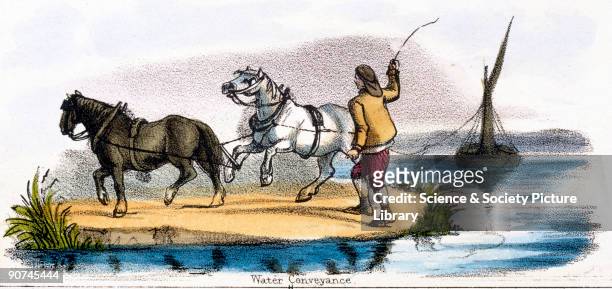 Vignette from a lithographic plate showing horses pulling a barge. Taken from 'The Horse' in 'Graphic Illustrations of Animals - showing their...