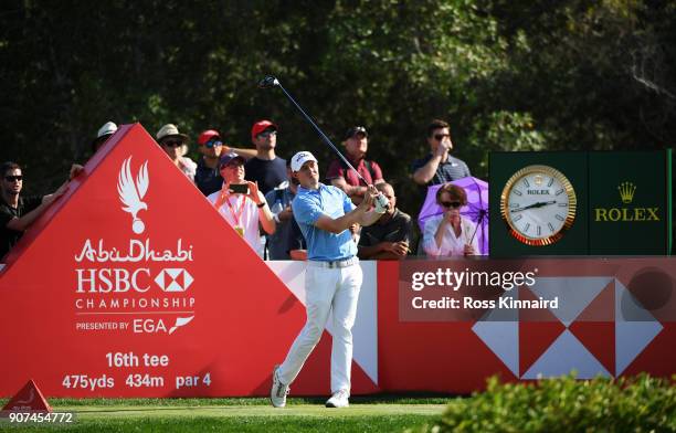 Matthew Fitzpatrick of England plays his shot from the 16th tee during round three of the Abu Dhabi HSBC Golf Championship at Abu Dhabi Golf Club on...