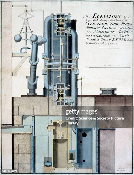 Cross-section elevation drawing of a 56 horsepower steam engine of the type designed by James Watt . Illustrated here are the cylinder, side pipes,...