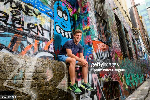 Diego Schwartzman of Argentina poses in Hosier Lane, Melbournes famous street art laneway during day six of the 2018 Australian Open at Melbourne...
