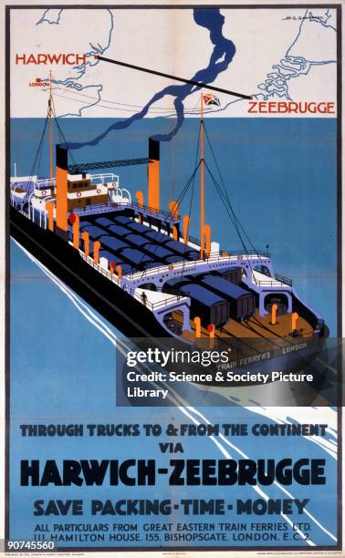 Through Trucks to & from the Continent via Harwich - Zeebrugge'. Poster produced for the London & North Eastern Railway , showing a ferry full of...