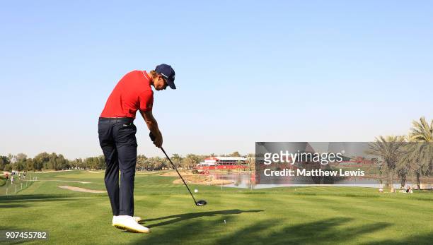 Thomas Detry of Belgium plays his shot from the 18th tee during round three of the Abu Dhabi HSBC Golf Championship at Abu Dhabi Golf Club on January...
