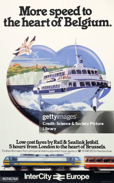 Poster produced by British Rail to promote cross-Channel travel via the InterCity train service and Sealink Jetfoil. The journey from London to...