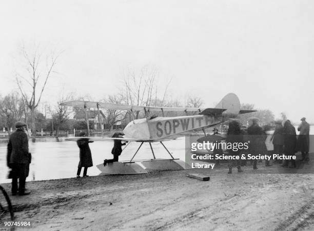 Biplane with floats being tested on the River Thames. It is preparing to launch near Kingston-upon-Thames prior to the Schneider Trophy competition...
