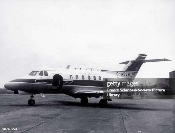 Photograph. With a crew of two and accommodation for six passengers, the HS 125 became a popular choice with many companies operating their own...