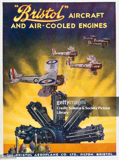 Illustration showing a formation of Bristol �Bulldog� biplanes and a typical Bristol radial aero engine. The Schneider Trophy race was one of the...