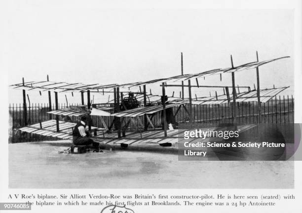 Sir Alliot Verdon-Roe was Britain's first constructor-pilot. He is seen with the biplane in which he made his first flights at Brooklands. The engine...