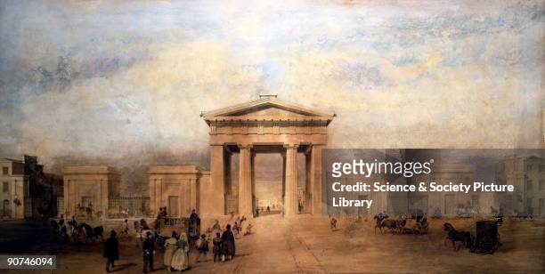 Watercolour showing Euston Arch and flanking buildings with figures in the foreground. Railway architecture symbolished the pride felt by railway...
