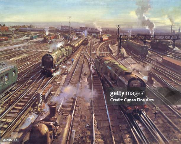 Colour print from a painting by Terence Cuneo looking down towards Clapham Junction in London.