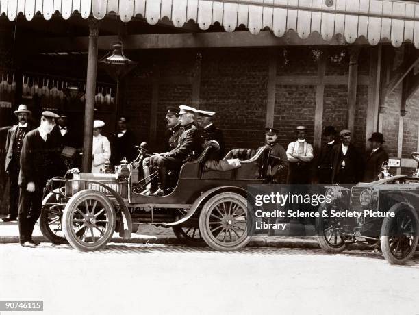 Photograph showing HRH Prince Arthur Duke of Connaught , the third son of Queen Victoria, with two other army officers in a 10 hp Rolls-Royce motor...
