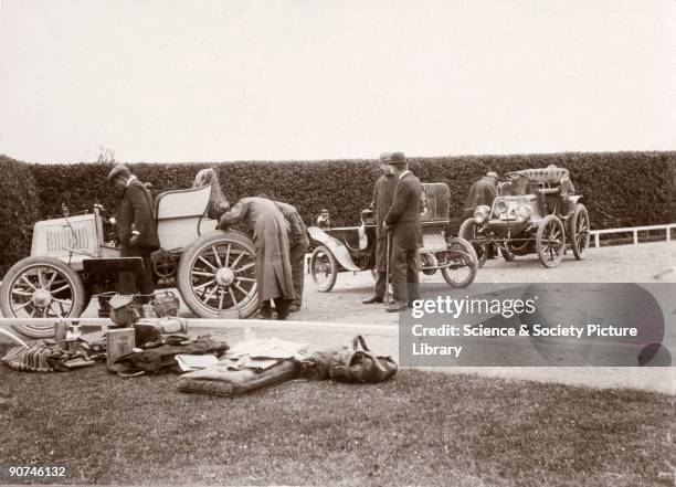 Photograph taken from an album of images collected by English motorist, motor car manufacturer and aviator Charles Stewart Rolls . It shows Rolls and...