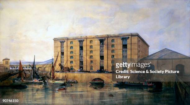 Watercolour showing the Great Northern Railway warehouse used for storing grain and flour, which later became a granary, with the Regent's Canal and...