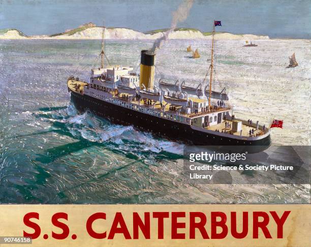 Gessowork painting showing the SS ?Canterbury?, a Southern Railway ferry approaching the White Cliffs of Dover. Many British railway companies ran...