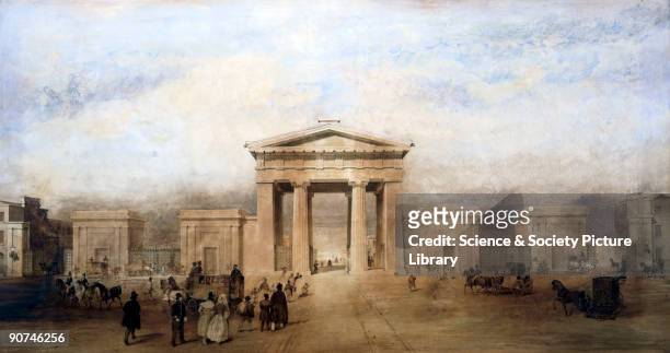 Watercolour showing Euston Arch and flanking buildings with figures and horse-drawn carriages in the foreground. Railway architecture symbolised the...