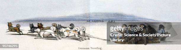 Vignette from a lithographic plate showing eskimos travelling on sledges pulled by groups of huskies. Taken from 'The Dog' in 'Graphic Illustrations...