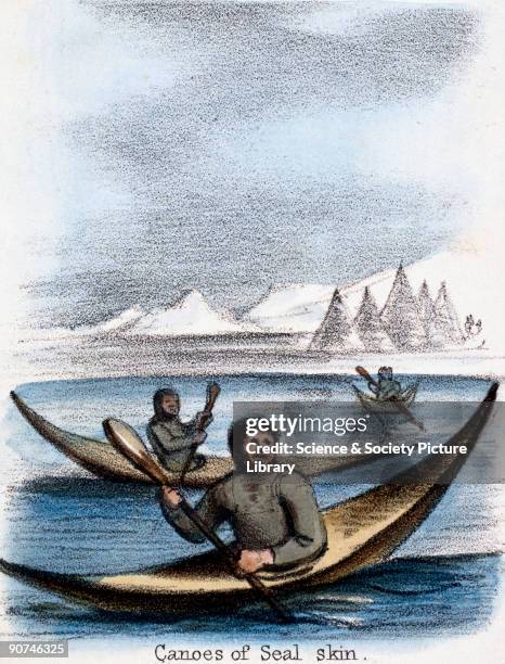 Vignette from a lithographic plate showing three Eskimos paddling canoes in front of a frozen landscape. Taken from 'The Seal and Walrus' in 'Graphic...