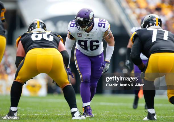 Brian Robison of the Minnesota Vikings in action against the Pittsburgh Steelers on September 17, 2017 at Heinz Field in Pittsburgh, Pennsylvania.