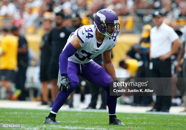Andrew Sendejo of the Minnesota Vikings in action against the Pittsburgh Steelers on September 17, 2017 at Heinz Field in Pittsburgh, Pennsylvania.