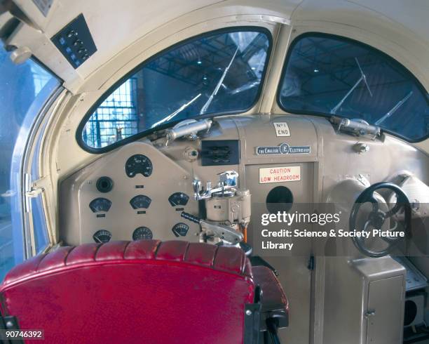 Inside the cab of the Prototype 'Deltic' diesel locomotive, 1955. This 3,300 hp diesel-electric locomotive was designed and built by the English...