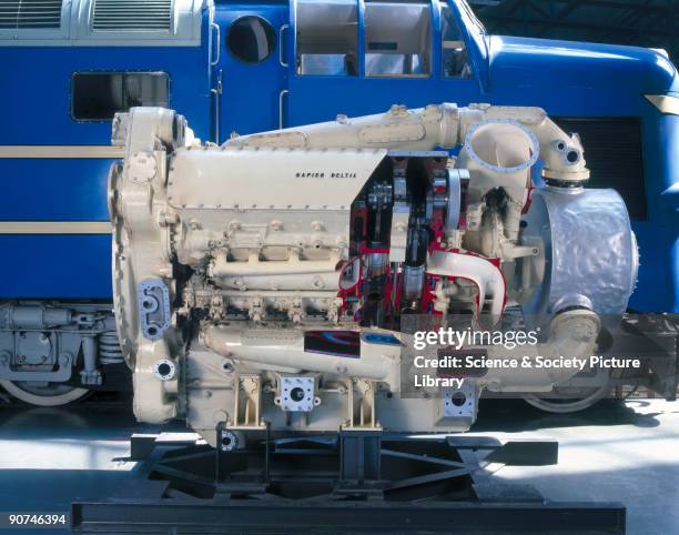 Detail of the engine of the Prototype 'Deltic' diesel locomotive, 1955. This 3,300 hp diesel- electric locomotive was designed and built by the...