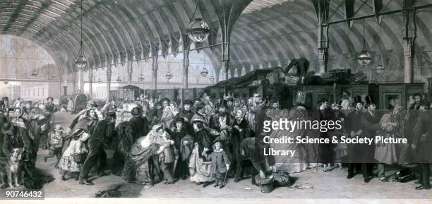 Engraving by Francis Holl after an original painting executed by William Powell Frith RA in 1862. Passengers are shown on a crowded station platform,...