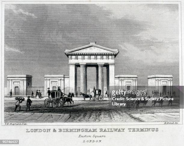 Engraving by H Bond. Carriages are shown approaching the huge doric arch, designed by Philip Hardwick and built in 1838, at the entrance to the...