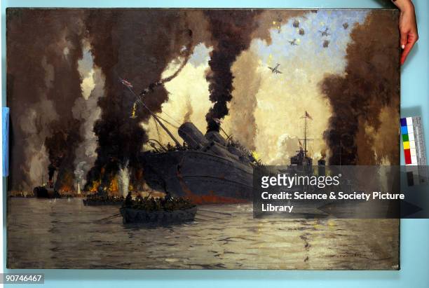 Oil painting by Norman Wilkinson, showing survivors leaving the sinking London, Midland & Scottish railway steam ship Scotia. The Scotia was sunk,...