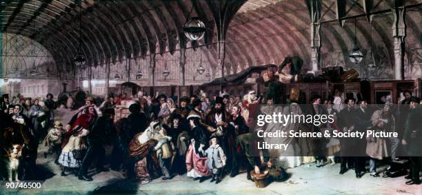 Colour print from the oil painting 'The Railway Station' by William Powell Frith . Passengers are shown on a crowded station platform, preparing to...