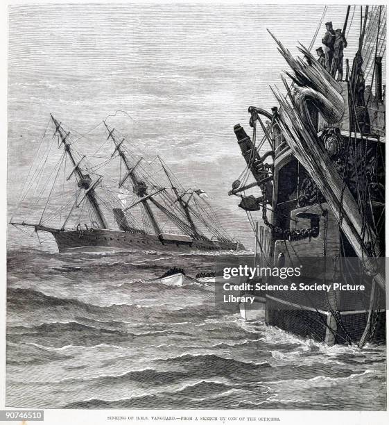 Engraving from the 'Illustrated London News' , showing the sinking of the Royal Navy warship HMS �Vanguard� as sketched by one of her officers. The...